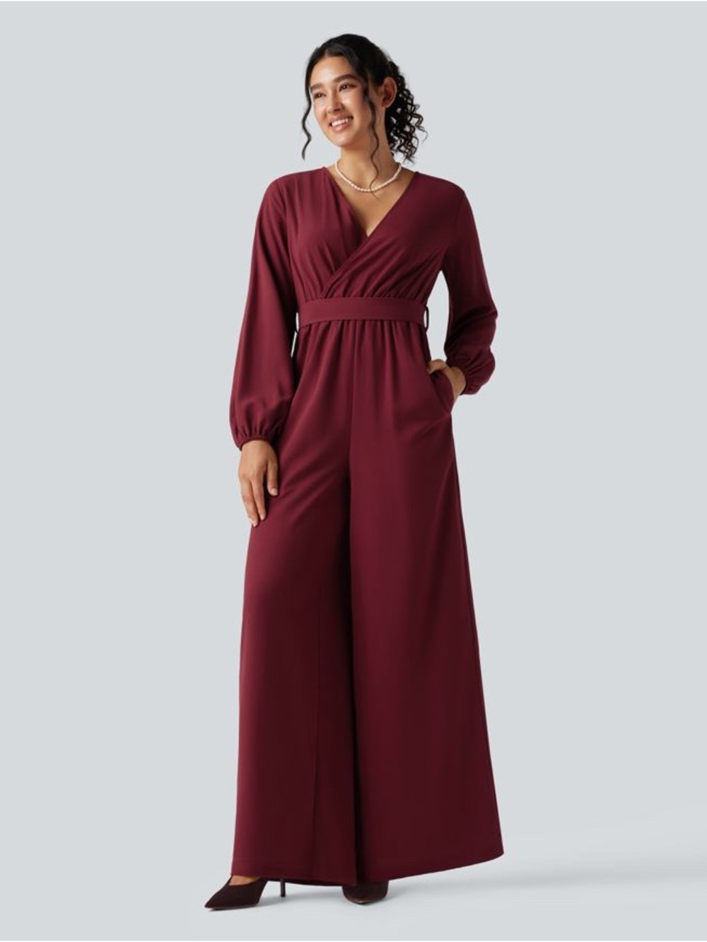 Halara Burgundy Wrap Front Jumpsuit Wide Leg Long Sleeve XS